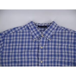 Austin Reed Shirt XL Blue Plaid Linen Cotton Blend Big & Tall Coastal Button EUC